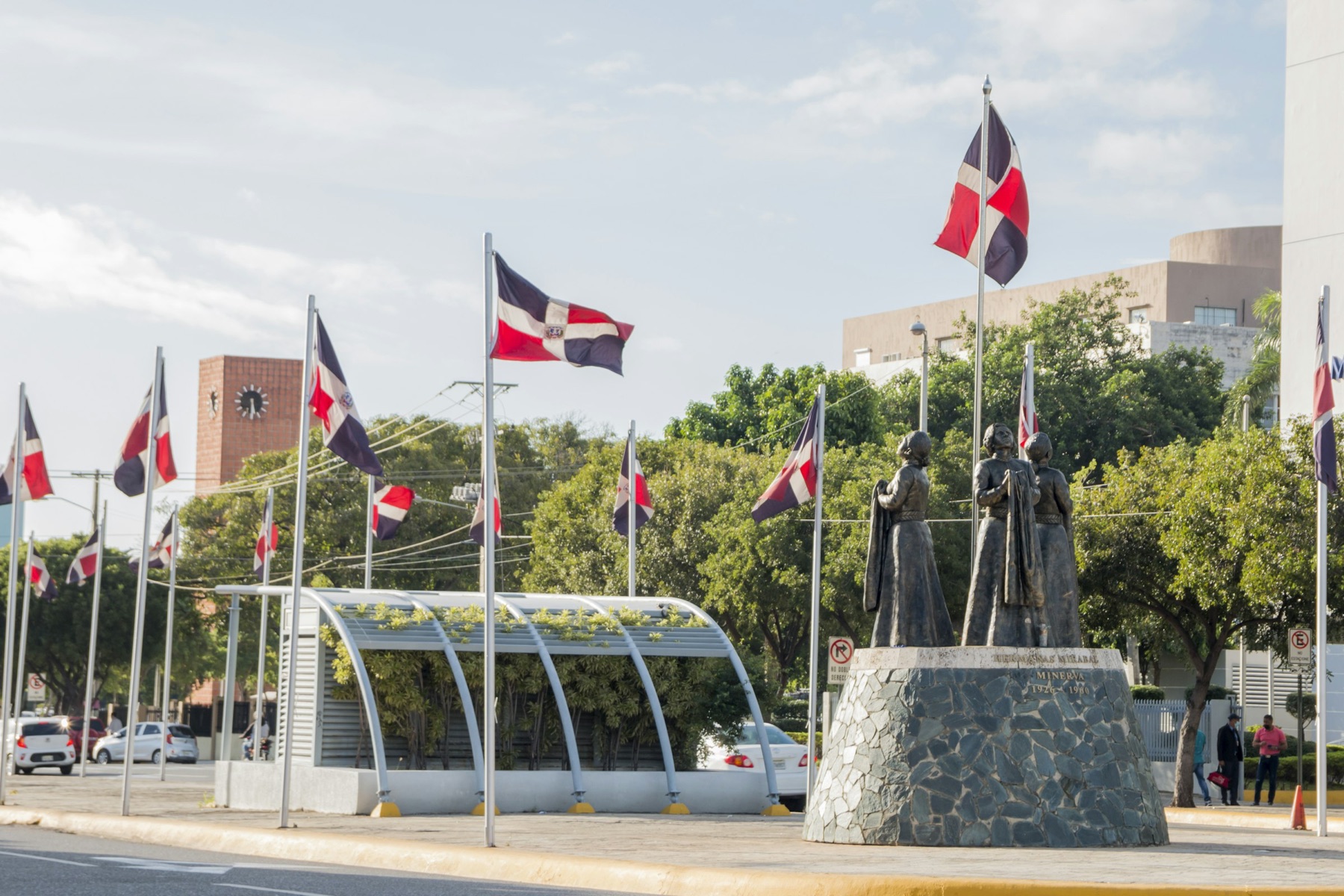 Monument to the Mirabal sisters ringed by Dominican flags